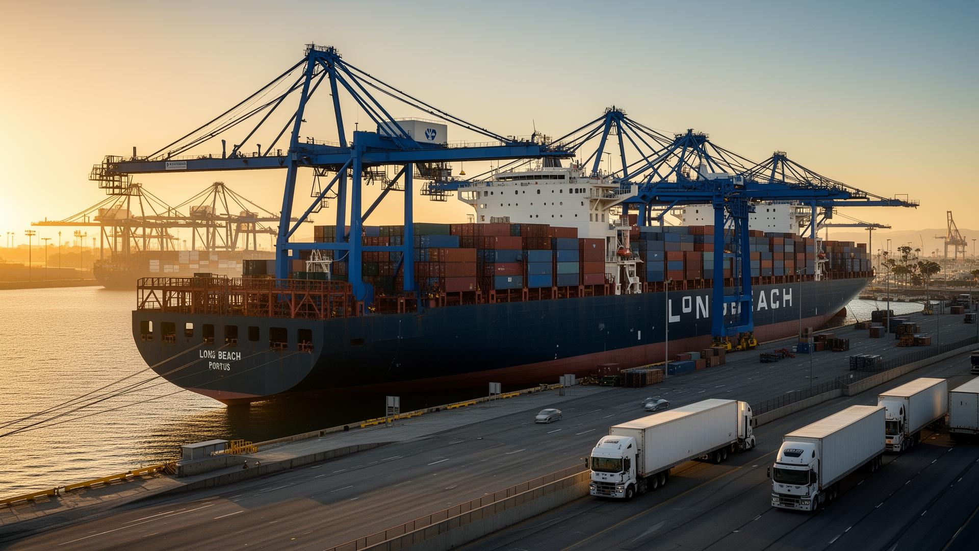 Container ship and trucks at the Port of Long Beach